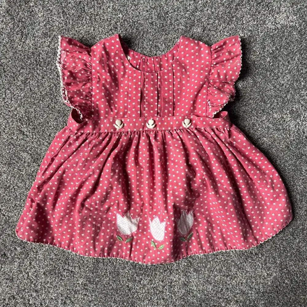 Vintage Toddler Pink Floral Tulip Applique Flutter Sleeve Dress 2T